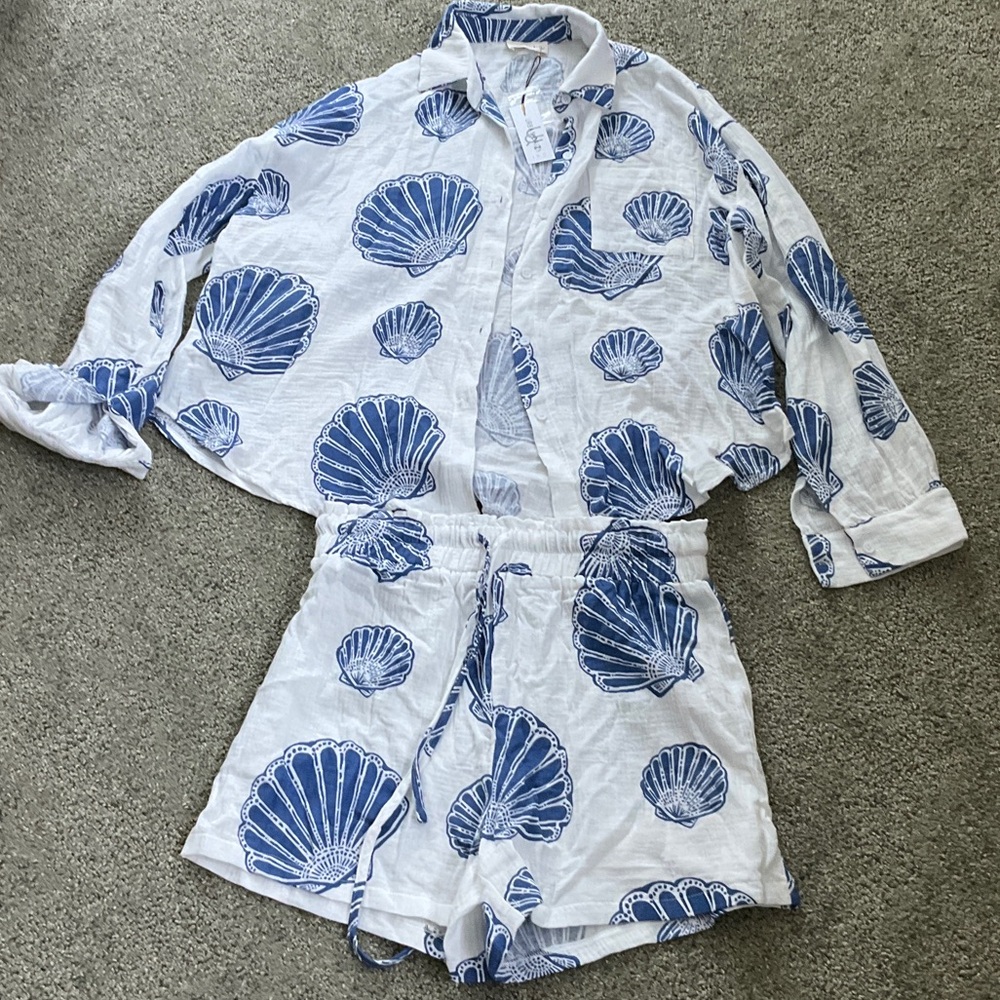 NWT fun seashell  Cotton Gauze Shirt & Shorts Set. Sz: L navy and white - Picture 2 of 7